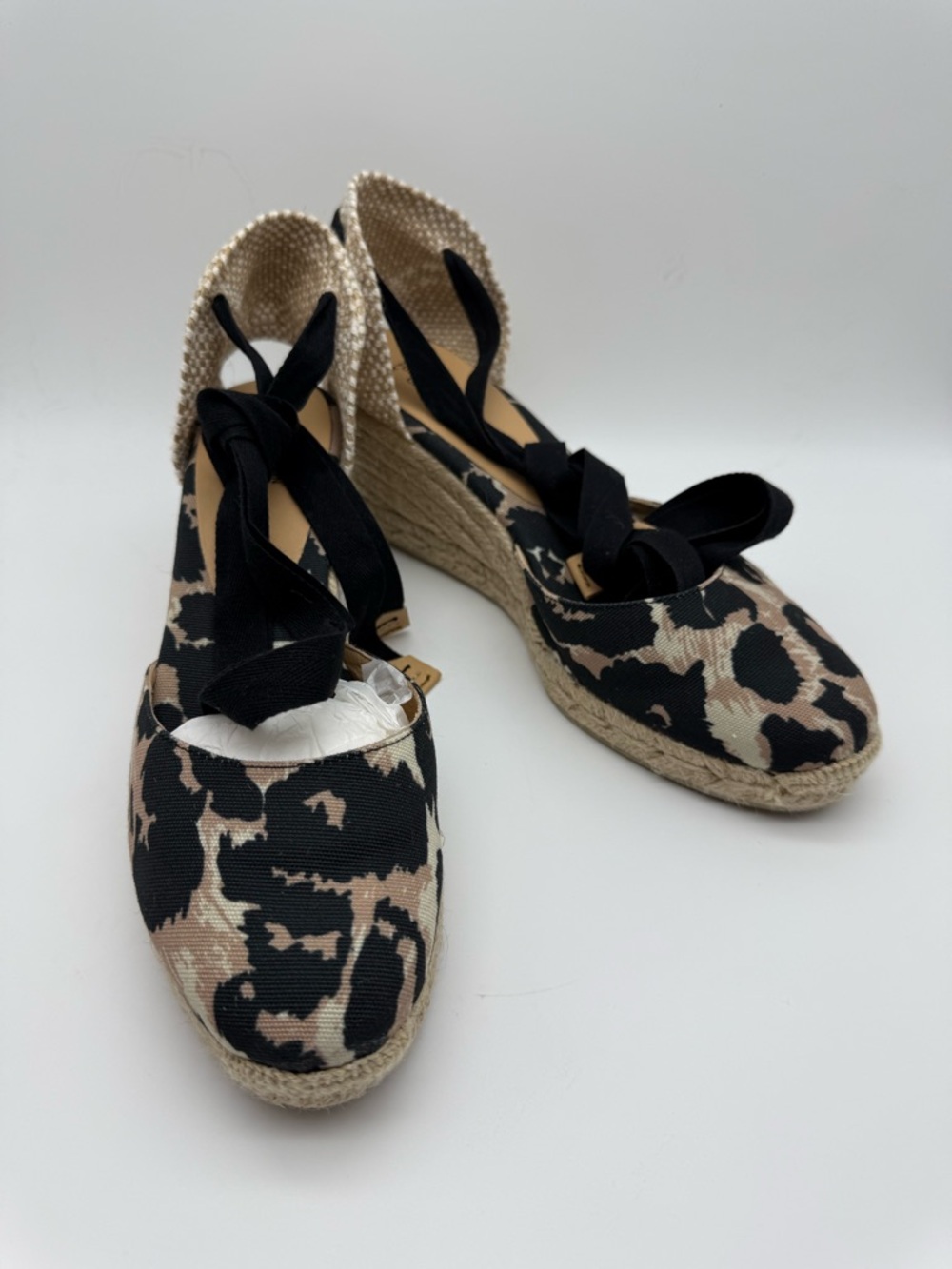 Castañer - Leopard Print Espadrille Wedges with Black Ankle Ties